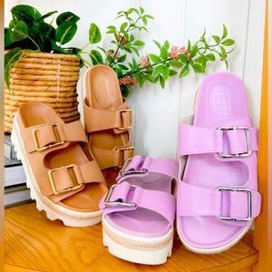 Shu Shop Platform Buckle Slides in Tan
